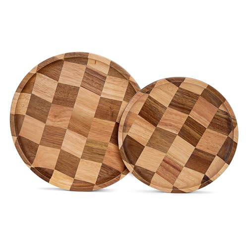 Wood Serving Trays - Set of 2 Round Serving Platters, Wooden Decorative Board Charcuterie Boards for Serving Breakfast Dinner Appetizers Coffee BBQ Party (1 x 9.4 in, 1 x 7.8 in) - color: Round