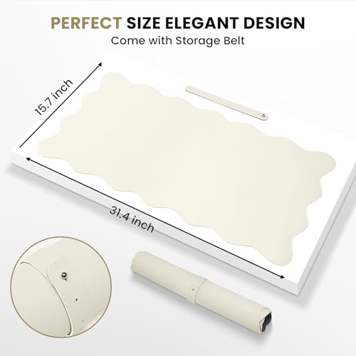 PU Leather Desk Pad, Scalloped Non-Slip Mouse Pad & Large Desk Mat Cover Stitched Edges Writing Pad for Office, Home - Waterproof, Easy to Clean, Durable Surface I 31.4"x15.7", Off-White - color: Off-white