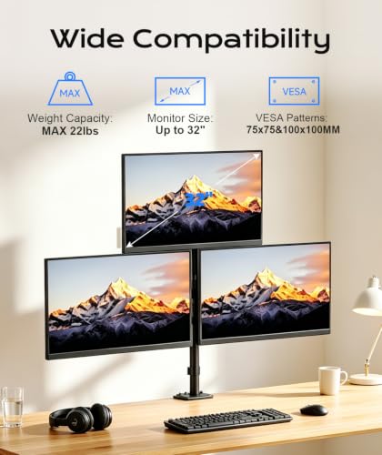 Pholiten Triple Monitor Mount, 3 Gas Spring Monitor Arms for Up to 32 inches Screens, Fully Adjustable Heavy Duty Triple Monitor Mount with Cable Management, Each Arm Holds 22 lbs - style: oversized 3 monitor mount