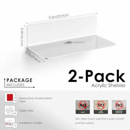 OAPRIRE White Floating Shelves Wall Mounted Set of 2 - Easily Expand Wall Space - Acrylic Hanging Shelves for Bedroom, Gaming Room, Living Room, Bathroom, Office with Cable Clips - color: White