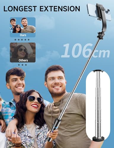 42" Selfie Stick Tripod with Fill Light Extendable Phone Stand All-in-1 Selfie Stick Travel Tripod with Detachable Remote & Phone Holder Cell Phone Tripod Compatible with iPhone/Android - color: Black with Light