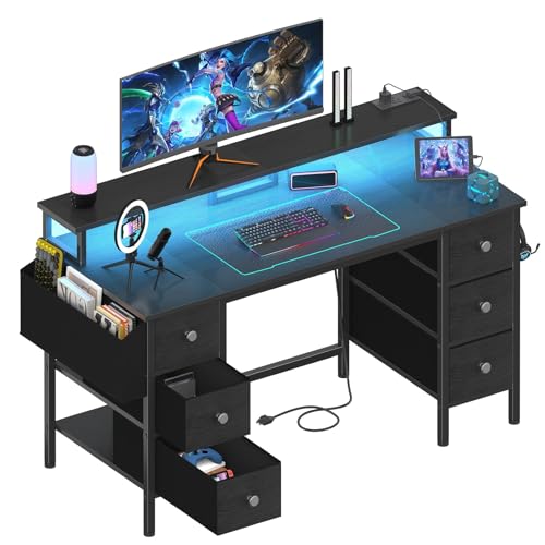 Lufeiya Gaming Desk with LED Lights and Power Outlets, 47 inch Computer Desk with Fabric Drawers & Storage Shelves, Home Office Desk with Monitor Stand, Black - color: Black