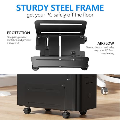 AGPTEK CPU Stand - Adjustable Width 4.7" to 8.2" with 2 Locking Wheels and 2 Caster Wheels - Black - size: A