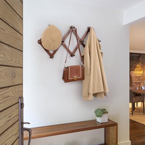 SCUNDA Wall Rack with 10 Hooks, Wooden Wall Expandable Coat Rack for Coat, Hats, Baseball Caps, Coffee Mug, Jewelry(Brown) - color: Brown, size: 10 Hooks