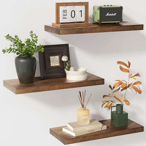 fuqing Rustic Floating Shelves, Wooden Floating Shelves for Wall Set of 3, Wall Mounted Dark Wood Shelves for Living Room Bedroom Bathroom Kitchen - Dark Walnut - color: Walnut, size: 17 Inch