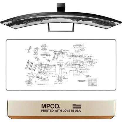 MPCO. Original Large Gaming Desk Mat – 36" x 17" Duraglyde Blueprints Browning 1911 – White Full Desk Mouse Pad for Smooth Precision – Non-Slip, Washable Extra-Large PC Mouse Pad for Gaming Sessions - color: Duraglyde Browning 1911 – White