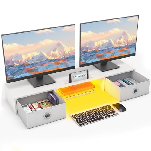 YAOHUOO Dual Monitor Stand with LED Light 2 Drawers, Computer Monitor Riser for 2 Monitors, Large Desktop Organzier with Storage for PC/Laptop/Computer/TV Screen/Printer - color: White