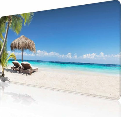 Gaming Mouse Pad, XXL Extended Computer Keyboard Long Mouse Mat, Large Desk Pad for Office Laptop, Non-Slip Rubber Base with Stitched Edge Mousepad, 31.5X15.7 inch Tropical Palm Sea and Beach - color: Tropical Palm Sea and Beach, size: 31.5L x 15.7W inche