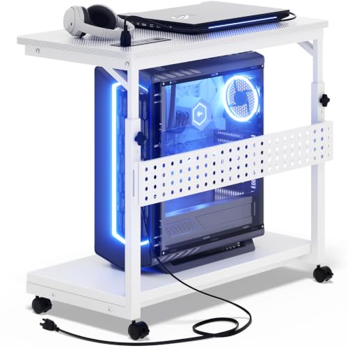 Besiost Computer Tower Stand with Power Strips, 4 Levels Manual Height Adjustable PC Tower Stand for Under Desk, Mobile Rolling CPU Holder, Computer Cart with Wheels, 24", Carbon Fiber White - color: Carbon Fiber White, size: 24"