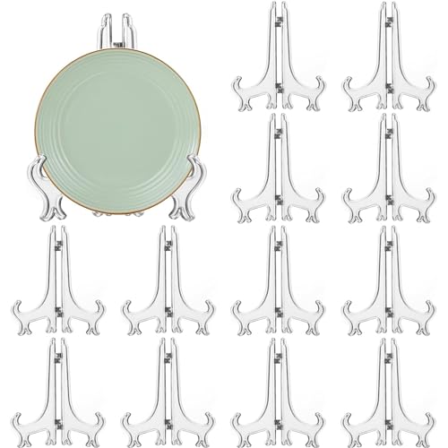 LonlyEagle 12 Pack 6 Inch Clear Plastic Easels or Stand/Plate Holders to Display Pictures or Other Items at Weddings, Plate Stands for Home Decoration, Birthdays, Tables - size: 6inch