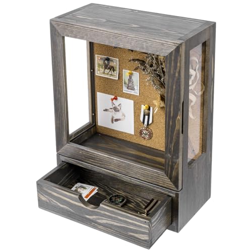 MyGift Deep Shadow Box Frame with Cork Back and Bottom Storage Drawer, Shadow Box Display Case Wall Mounted, Clear Acrylic Panels, Hinged Door with Magnetic Closure, Vintage Gray Solid Wood - color: Vintage Gray