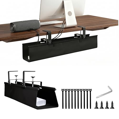 36" Under Desk Cable Management Tray - No Drill Oxford Cloth Cord Organizer with Clamp & Screw Mount - Large Capacity Fabric Cable Holder for Home Office, Gaming Desk & Standing Desk (Black)