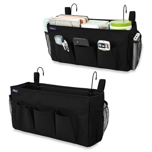 Surblue Bedside Organizer with Hook Bedside Caddy Hanging Storage Bag with Adjustable Strap and Water Bottle Holder for Home College Dorm Bunk Bed Accessories, Crib Bed Rail, Hospital Bed, Black, 2PCS - color: 2Pcs Black