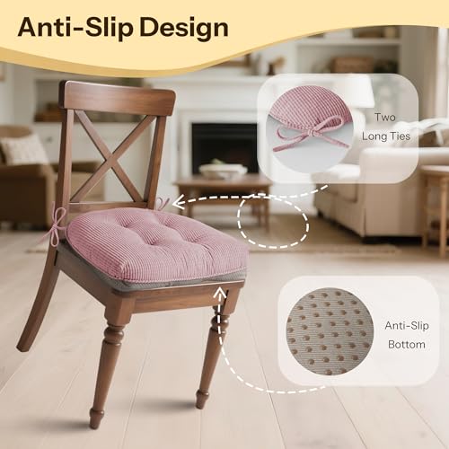 Indoor Kitchen Chair Cushions Set of 4 18"X16.5"X3" Soft Anti Slip Dining Chair Pads Tufted Kitchen Seat Cushion with Ties, Light Pink - color: Light Pink