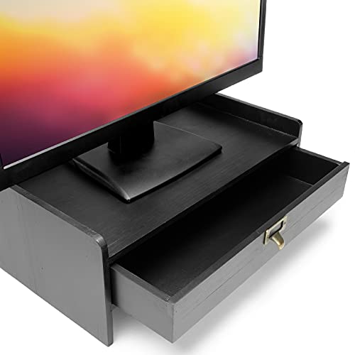 EXCELLO GLOBAL PRODUCTS Wooden Monitor Stand: Includes Drawer for Desktop Organization of Notebooks, Pens, Pencils & Office Supplies (Black) - color: Black