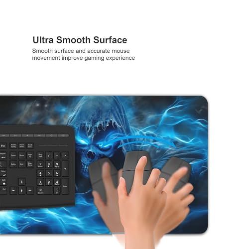 Extended Gaming Mouse Pad, Grim Reaper Skull Design with Blue Flames, 35.4 x 15.7 Inches, Non-Slip Rubber Base - color: skull