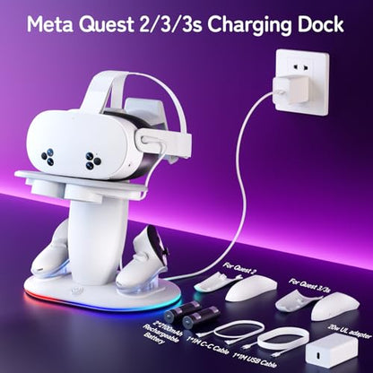 Fast Charging Dock for Meta Quest 3/3s/2 vr Headset and Magnetic Charger for Controllers Simultaneously, RGB Charging Station & Display Stand with Rechargeable Batteries 2pcs and UL AC Adapter
