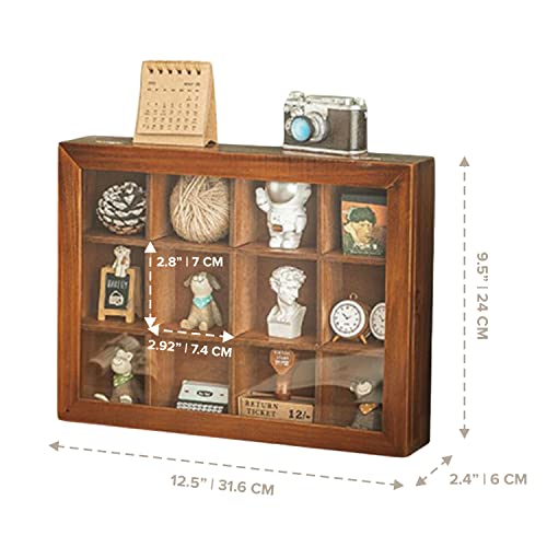 Mini Clear Display Wood Cabinet with 12 Slots - 10" x 15.5" Collectibles Display Case - Wooden Floating Shelves for Display & Home Decor - Vintage Style Wood Cubby Shelf with Front Clear Cover