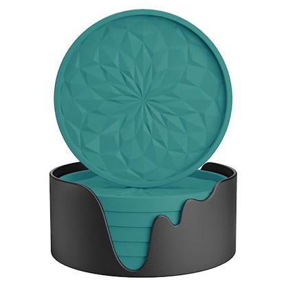 ME.FAN Silicone Coasters with Holder,[6 Pack] Drinking Coasters - Cup Mat for Hot or Cold Drinks, Thickened, Non-Slip, Non-stick,Deep Tray Teal Blue - color: Teal Blue