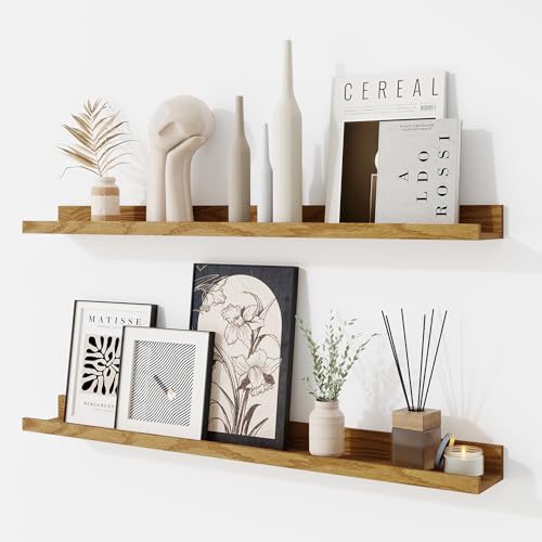 RICHFOCUS Picture Ledge Shelf, 30 inch Floating Shelves Set of 2, Wood Wall Shelves with Lip, Wall Decor Storage for Bedroom Living Room Bathroom Kitchen Nursery Photo Picture, Oak - color: Oak, size: 30 Inch, set of 2
