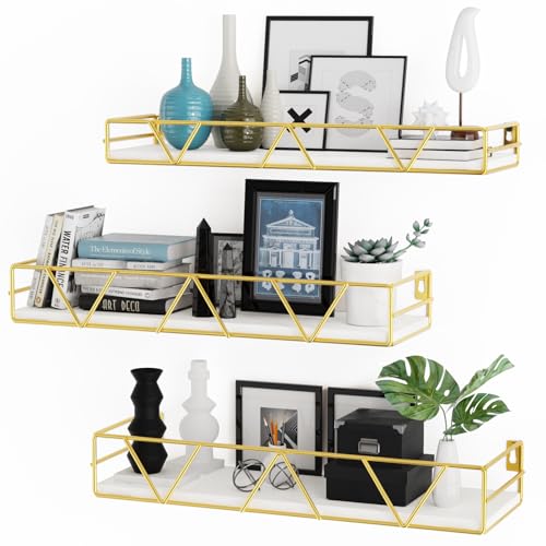 Amaoot Floating Shelves Set of 3, Home Wood Wall Shelf, Farmhouse Shelf for Bedroom, Wall Mounted Floating Shelf for Living Room, Bedroom, Bathroom, Kitchen, Office (Gold) - color: Gold