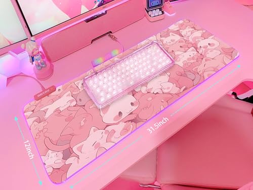 JMIYAV Pink RGB Gaming Mouse Pad 31.5x12 Inch PC XL Large Extended Glowing Led Light Up Desk Pad Non-Slip Rubber Base Computer Cute Mousepad Mat Desk Accessories Gaming Setup Dreamy Cats - color: Dreamy Cats