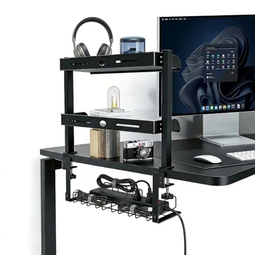 Clamp On Desk Shelf, 17'' 2-Tier Desktop Organizer Shelf with Under-Desk Hidden Storage Basket, Heavy-Duty Desk Shelves for Top of Desk, Space-Saving Desk Storage for Home Office Gaming Setup (Black)