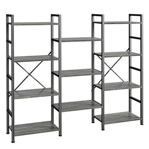 SUPERJARE Triple Bookshelf, Bookcase with 11 Open Display Shelves, Wide Book Shelf Book Case for Home & Office, 4 Tier, Grey - color: Grey, size: 4 Tier