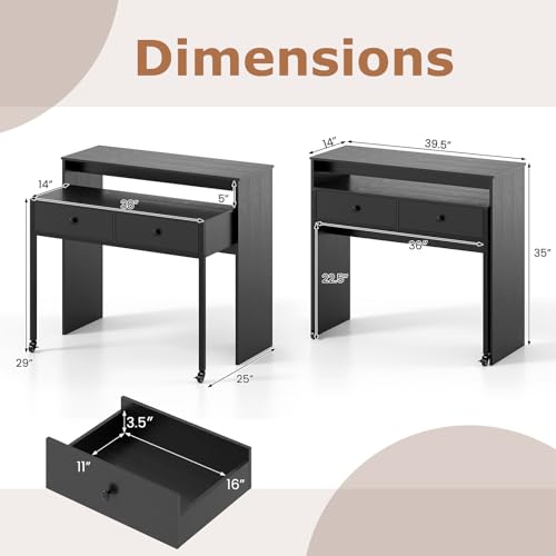Tangkula Extendable Computer Desk with 2 Storage Drawers, Convertible Home Office Desk with Monitor Shelf, Metal Frame & Lockable Wheels, Rolling Study Writing Desk (Black) - color: Black