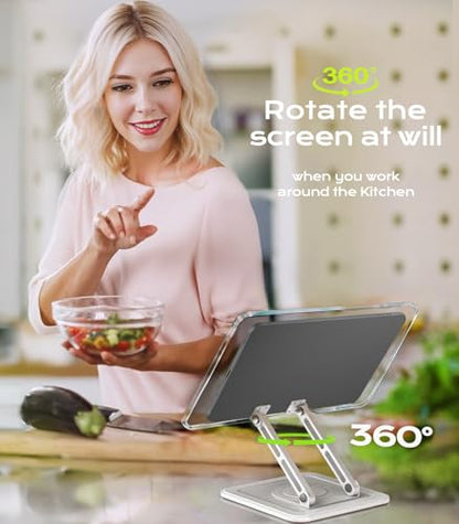 Book Stand for Reading, Adjustable Book Holder with 360°Rotating Bases, Ergonomic Cookbook Stand Recipe Book Holder with Elastic Page Clips for Magazines, Tablets, Laptops,Acrylic White - color: Acrylic White