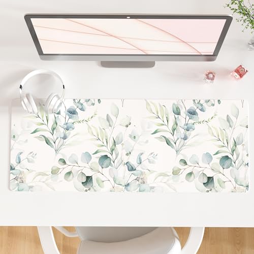 QiyI Large Mouse Pad, Cute Green Leaves Desk Mat for Desktop, Women Girls Office Décor Desk Accessories, PU Leather Waterproof Gaming Mousepad, Eucalyptus Leaf Desk Pad Computer Mat, 31.5" x 11.8" - color: Eucalyptus Leaves, size: 31.5" x 11.8"