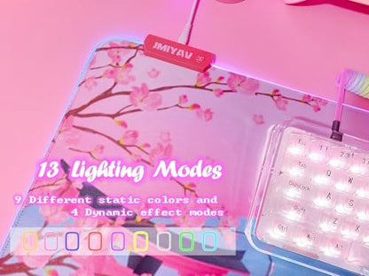 JMIYAV Pink Sakura RGB Gaming Mouse Pad 31.5x12 Inch PC XL Large Extended Glowing Led Light Up Desk Pad Non-Slip Rubber Base Computer Mouse Pad Cute Mousepad Mat - color: P-cherry Blossom
