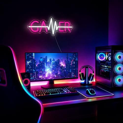 Gamer Neon Sign for Wall Decor, LED Heartbeat Line Light, USB Powered Dimmable Accent for Game Room, Bedroom, Gaming Setup, Gamer Gift (pink) - color: Pink-GAMER