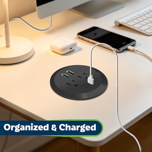 TOPGREENER Desktop Power Grommet with 65W PD Fast Charging USB C, GaN Desk Grommet for MacBook, 2 USB-A Ports and Duplex Receptacles, 3” Diameter Power Grommet, TTRP48APD60-BK, Black - color: Black