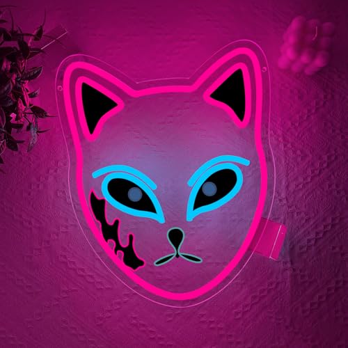 Anime Neon Sign, Japanese Led Neon Light Signs for Wall Decor Fox Face Light up Sign for Bedroom Game Room Party Decoration Birthday Gift for Girl Christmas Dimmable USB Powered(13.8"*11.4") - style: MASK PINK