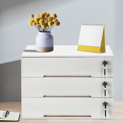 Wooden Desk Organizer with Drawers & Lock, Desktop Countertop Storage Cabinet Lockable Home Office Supplies File Tabletop Organizing Unit (3 Drawers - Modern White) - style: 3 Drawers - Modern White