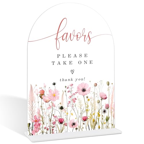 Pink Flower Favors Please Take One Sign, Gift Table Decor, Bridal Shower Decor, Wedding Reception Decorations, Bridal Shower Centerpieces For Tables, Acrylic Arch Wedding Sign With Base -10 - color: Favors Please10