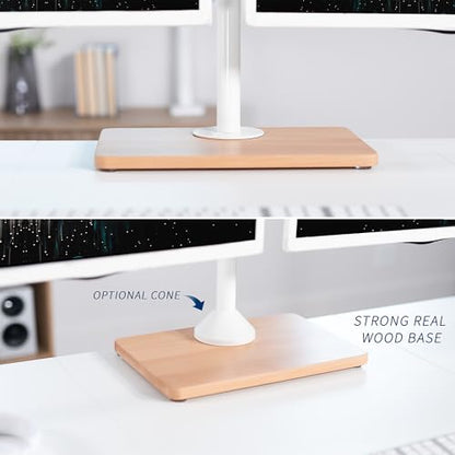 VIVO Freestanding Dual Monitor Stand with Solid Wood Base and Adjustable Arms, Mounts 2 Screens up to 32 inch and 22 lbs Each, White, STAND-V002FD-W - color: White/Wood, size: 13" to 32" Screens