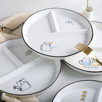 SOCOSY Ceramic 3-Compartment Portion Control Plate Divided Dish Platters, Divided Dessert Salad Dinner Snack Dishes, Appetizer Serving Trays, 1 PC - Balloon Cat-8 Inch - color: Balloon Cat