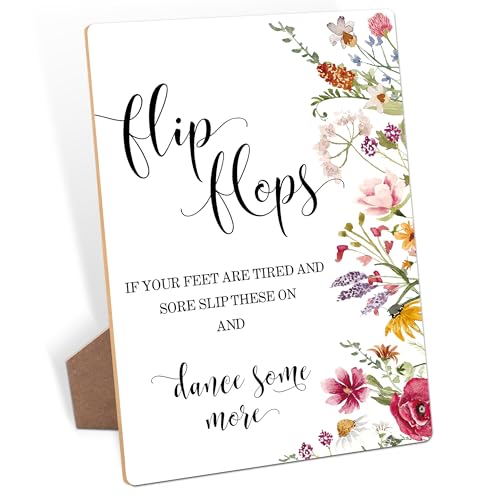 Flip Flops Sign, Wedding Signs for Ceremony and Reception, Floral Bridal Shower Decorations, Wooden Bridal Shower Decor, Wedding Dance Floor Supplies for Engagement and Anniversary Parties, 19 - color: Flip Flops Sign, 19