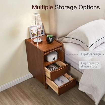 Narrow Nightstand 2 Drawers & Glass Door Cabinet with Open Shelf Narrow Night Stand Solid Wood Bedside Table Mid Century Modern Nightstand Wooden End Table for Bedroom, Living Room, Study, Office - size: 11.81"W × 15.75"D × 23.81"H