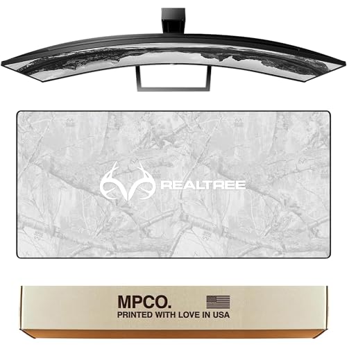 MPCO. Real Tree Large Gaming Desk Pad - 36" x 17" Duraglyde Fabric Edge Snow White – with Logo Desk Mats - Non-Slip, Washable, Smooth Glide for Precision Gaming & Work - color: Duraglyde Edge Snow White – With Logo