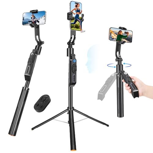 72'' Auto Face Tracking Selfie Stick Tripod Stand, Auto-Open 360° Rotatable Travel Four-Legged Stand for iPhone/Android with Remote, Gesture Control, No App for Vlogging, TK