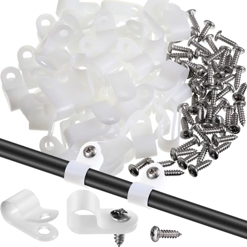 Hicarer 50 Pack R-Type Cable Clip Wire Clamp, Nylon Screw Mounting Cord Fastener Clips with 50 Pack Screws for Wire Management (White,3/8Inch) - color: White, size: 3/8 Inch