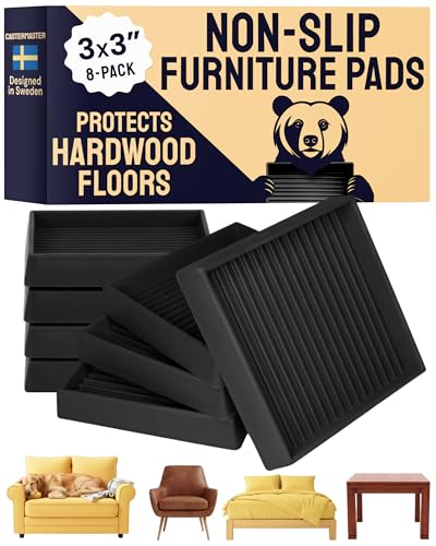 CasterMaster Square Non-Slip Pads - 3x3 in Black, 8 Pack | Rubber caster cups & floor protectors - 8pk - Use for furniture, noise reduction, prevent sliding - color: Black, size: 3'' x 3'' (Pack of 8)