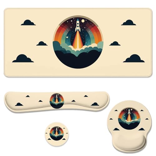Retro Space Desk Mat Set Vintage Minimalism Rocket Launch Mouse Pad with Wrist Rest 4in1 Desk Mat for Desktop Ergonomic Computer Desk Arm Wrist Anti-Slip Computer Mouse Pad Home Office Gaming - color: Retro Space