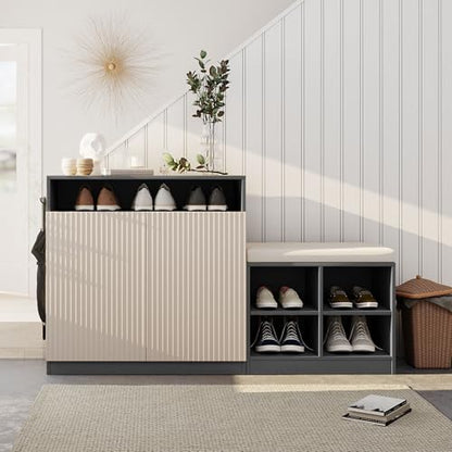 Low Entryway Shoe Cabinet with Bench,2 Doors and 3-Tier Adjustable Shelves,Living Room Benchs with 4 Open Shoe Racks and Removeble Cushion,Storage Console Table with Wavy Slatted Door and Hooks,Grey - color: Beige+grey