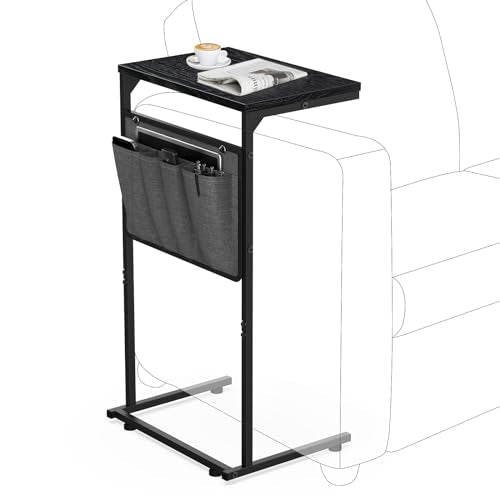 Vantic C Shaped End Table, Small Side Table for Couch and Recliner, Slide Under Sofa Tray Desk with Storage Bag for Living Room and Bedroom, Black - color: Black