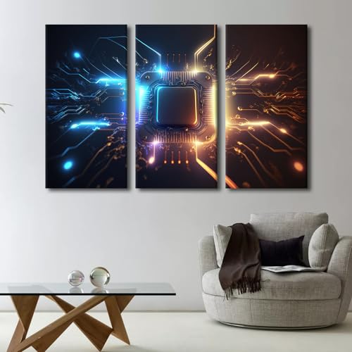 CPU Wall Art for Living Room Microchip Processor Large Wall Art Database Concept Canvas Paintings Posters & Prints Print on Canvas Giclee Wooden Framed Gallery-Wrapped Ready to Hang (60"Wx40"H - color: Artwork-01, size: 60"Wx40"H