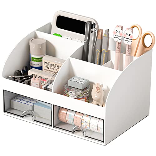 COMFYROOM Desk Organizer with 6 Compartments and 2 Drawers, Plastic Makeup Organizer, Pen Holder for Desktop Storage, Desk Organization for School, Home, Office Supplies (White) - color: White